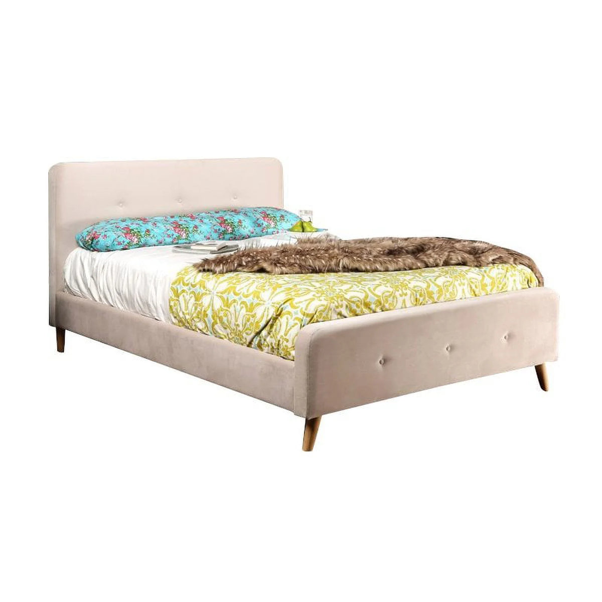 Beige Chenille Upholstered Queen Platform Bed W800413