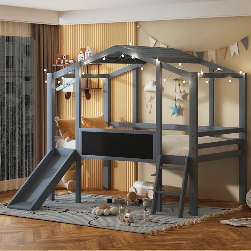 White Twin Low Loft Bed with Slide and Storage Shelves Z2629