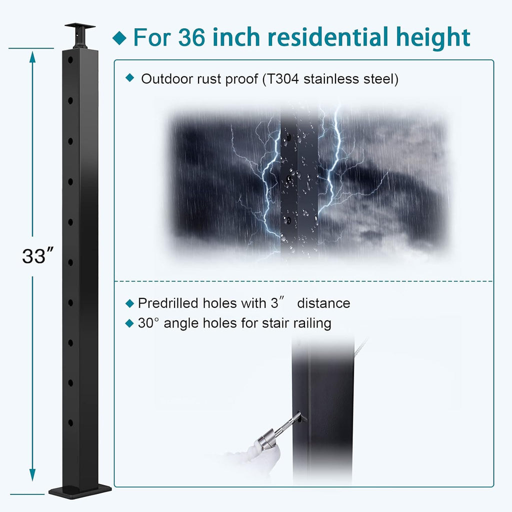 Black 30 Degree Stair Pre-Drilled Angle Holes 36x2x2 Stainless Steel Square Weldless Cable Railing Post I660402