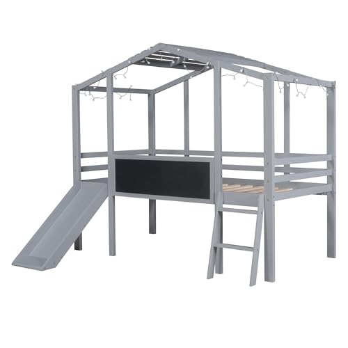 White Twin Low Loft Bed with Slide and Storage Shelves Z2629