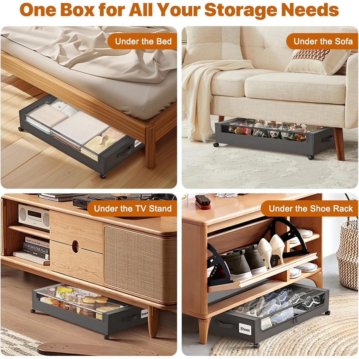 White 4 Pack 60L Under Bed Storage Bins with Wheels and Clear Lids A92319