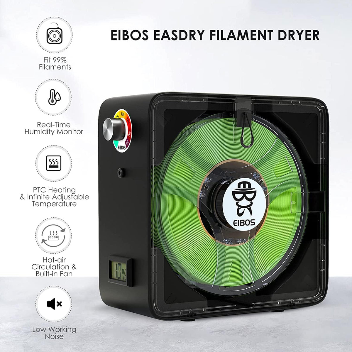 3D Printer Filament Dryer with Fan, Adjustable Temperature, Humidity Control & Spool Holder D92017