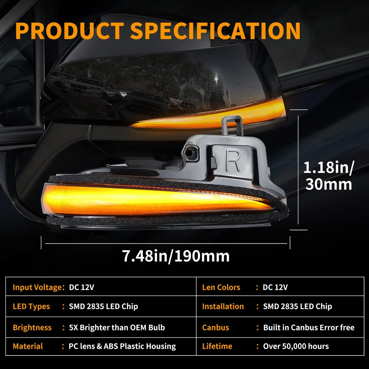 Amber LED Side Mirror Turn Signal Light Indicator Strip Smoked Lens B497