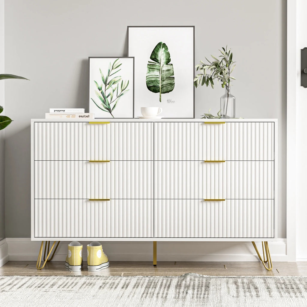 White 6 Drawer Dresser with Gold Handles P319698