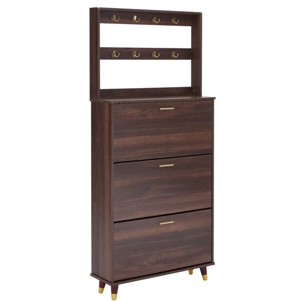 Brown Hall Tree with 12 Hooks & 3 Shoe Cabinets Y435805