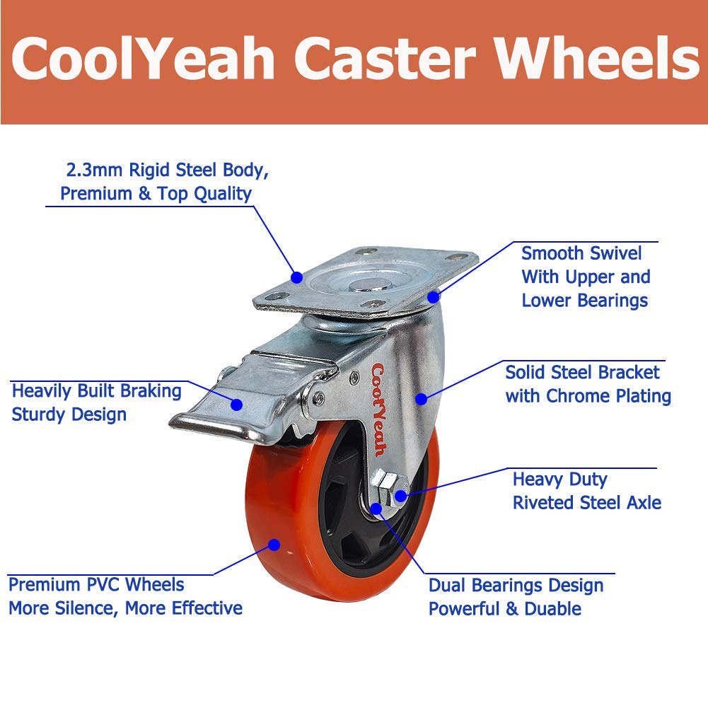 4 inch Swivel Plate PVC Caster Wheels, Heavy Duty Locking Casters (Pack of 8, 4 with Brake & 4 Without) C58794