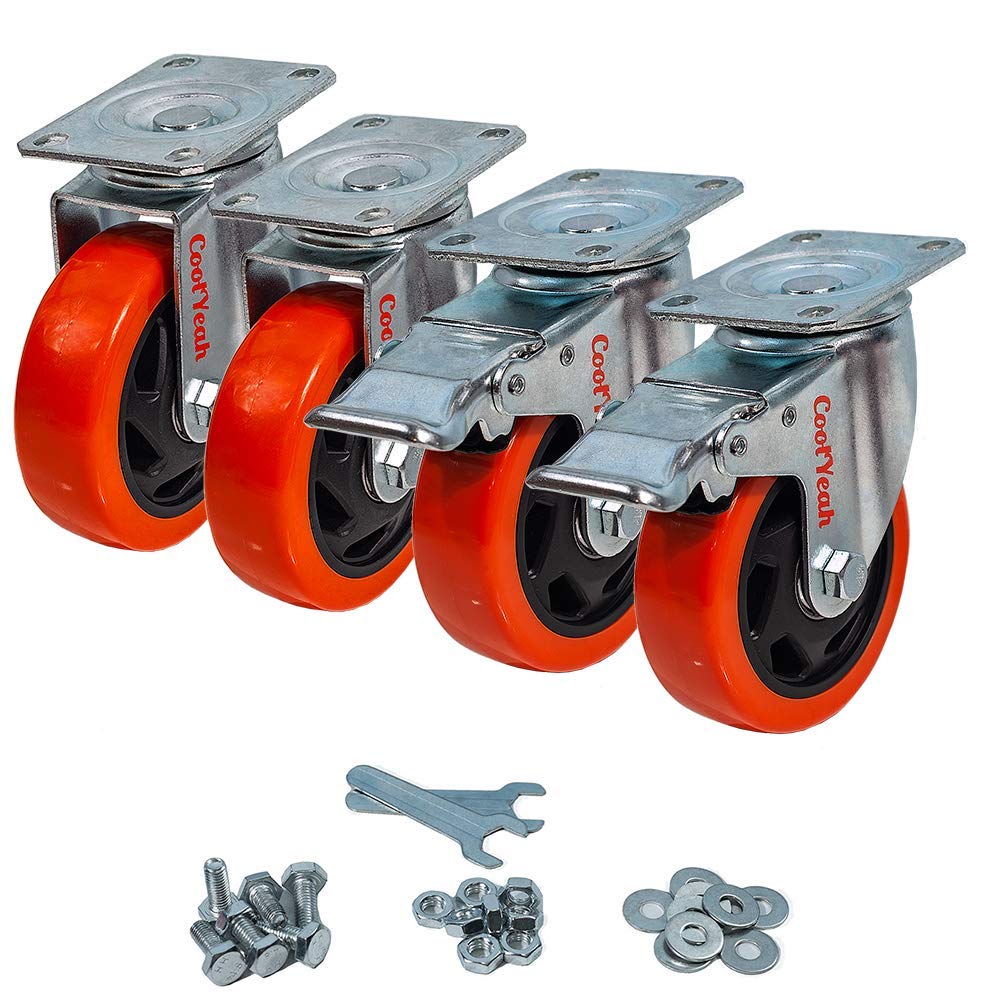 4 inch Swivel Plate PVC Caster Wheels, Heavy Duty Locking Casters (Pack of 8, 4 with Brake & 4 Without) C58794
