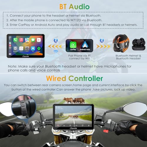 7" Waterproof Motorcycle Carplay Screen with Dual Dash Cam P4909