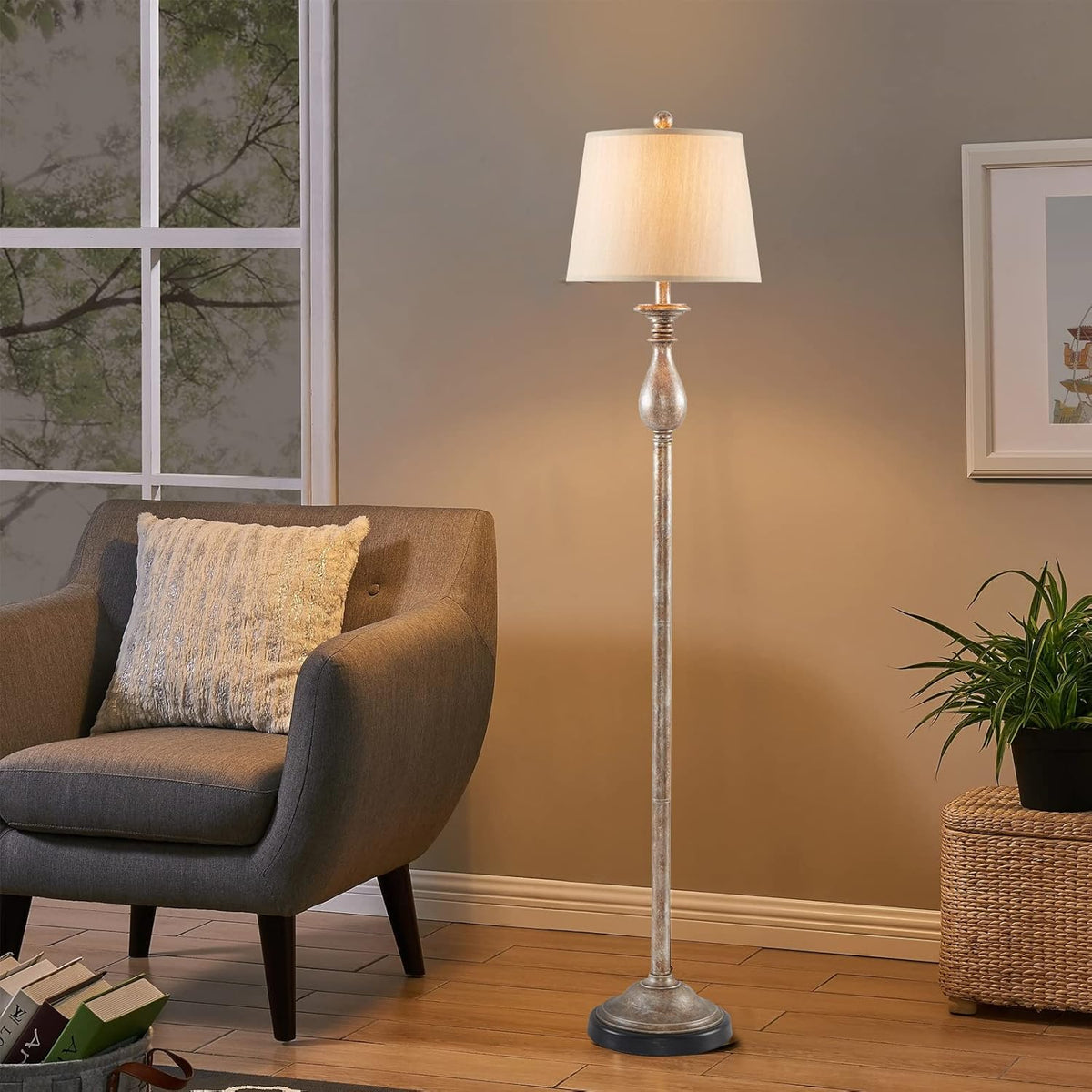 Rustic Standing Floor Lamp with Heavy Metal Base, Silver Finish, 64H G134