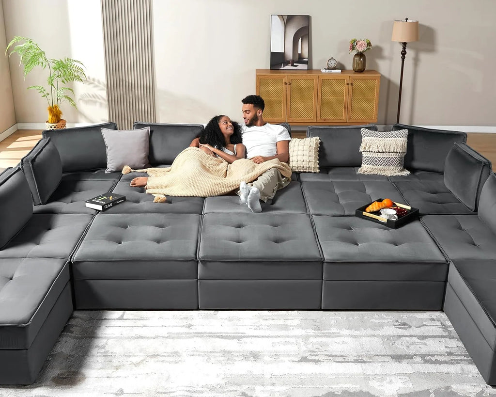 7 Seater Velvet Beige Sectional Sofa X83741