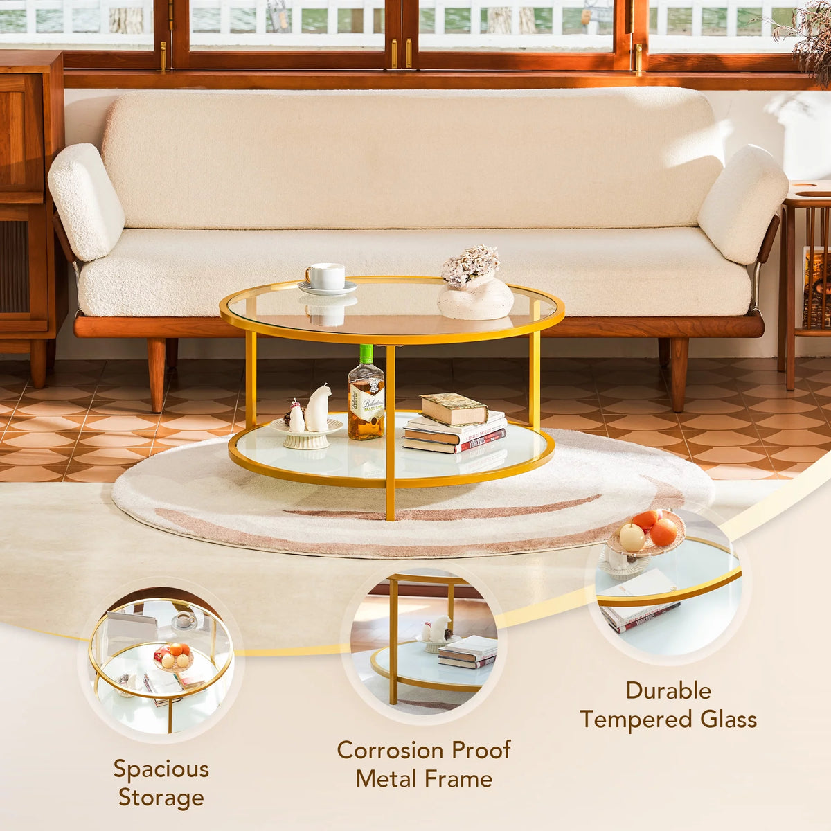 Glass Coffee Table with Storage Shelf Metal Frame Gold P4072