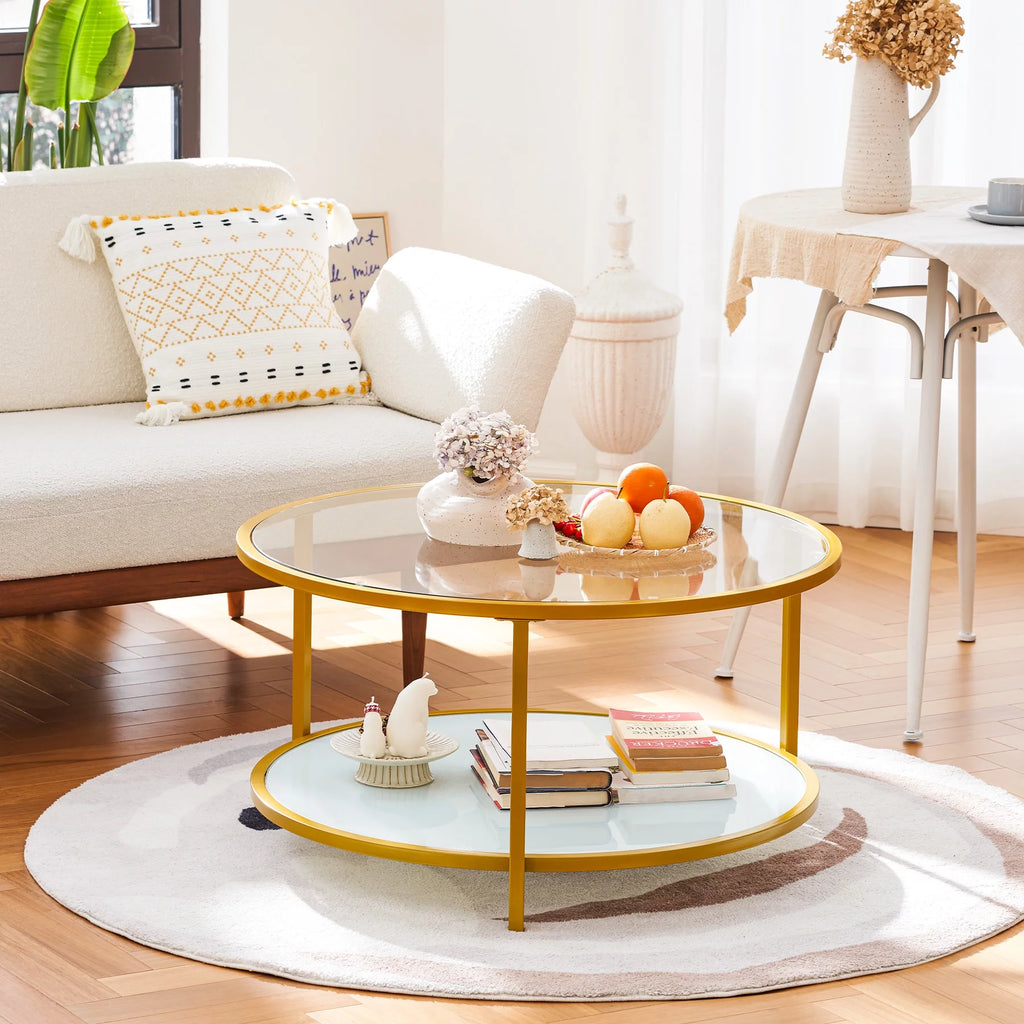 Glass Coffee Table with Storage Shelf Metal Frame Gold P4072