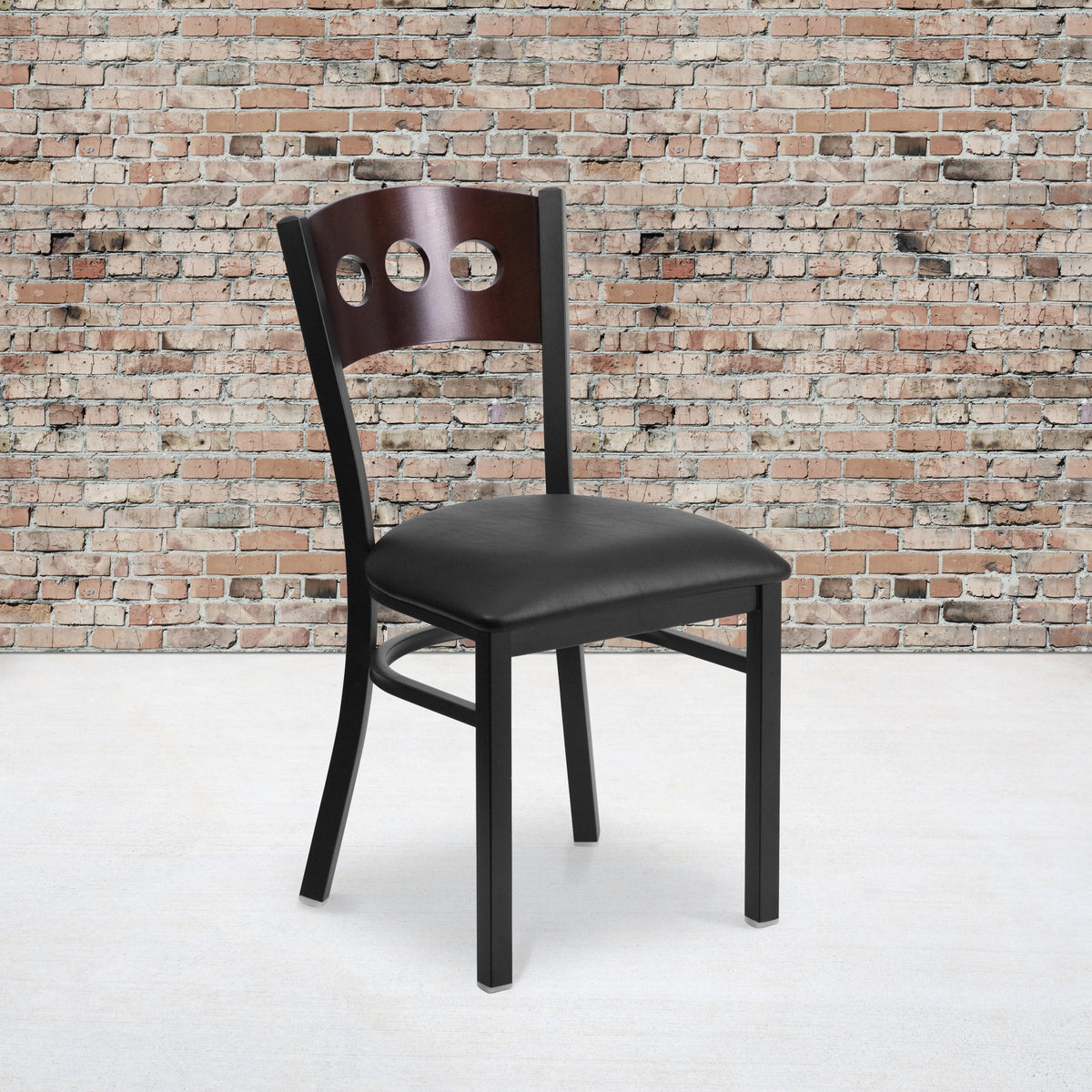 Black Metal Restaurant Chair with Walnut Wood Back and Vinyl Seat F854