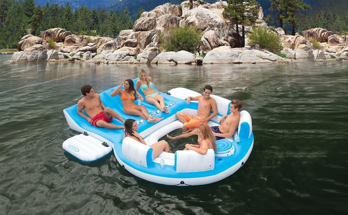 Blue 4 Person Vinyl Pool Raft Lounger with Cup Holders Q376966