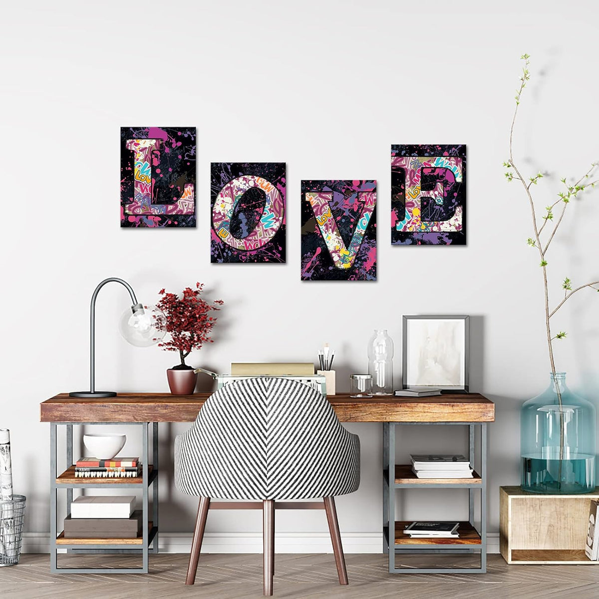 4 Piece Colorful Graffiti Canvas Wall Art Framed K9054