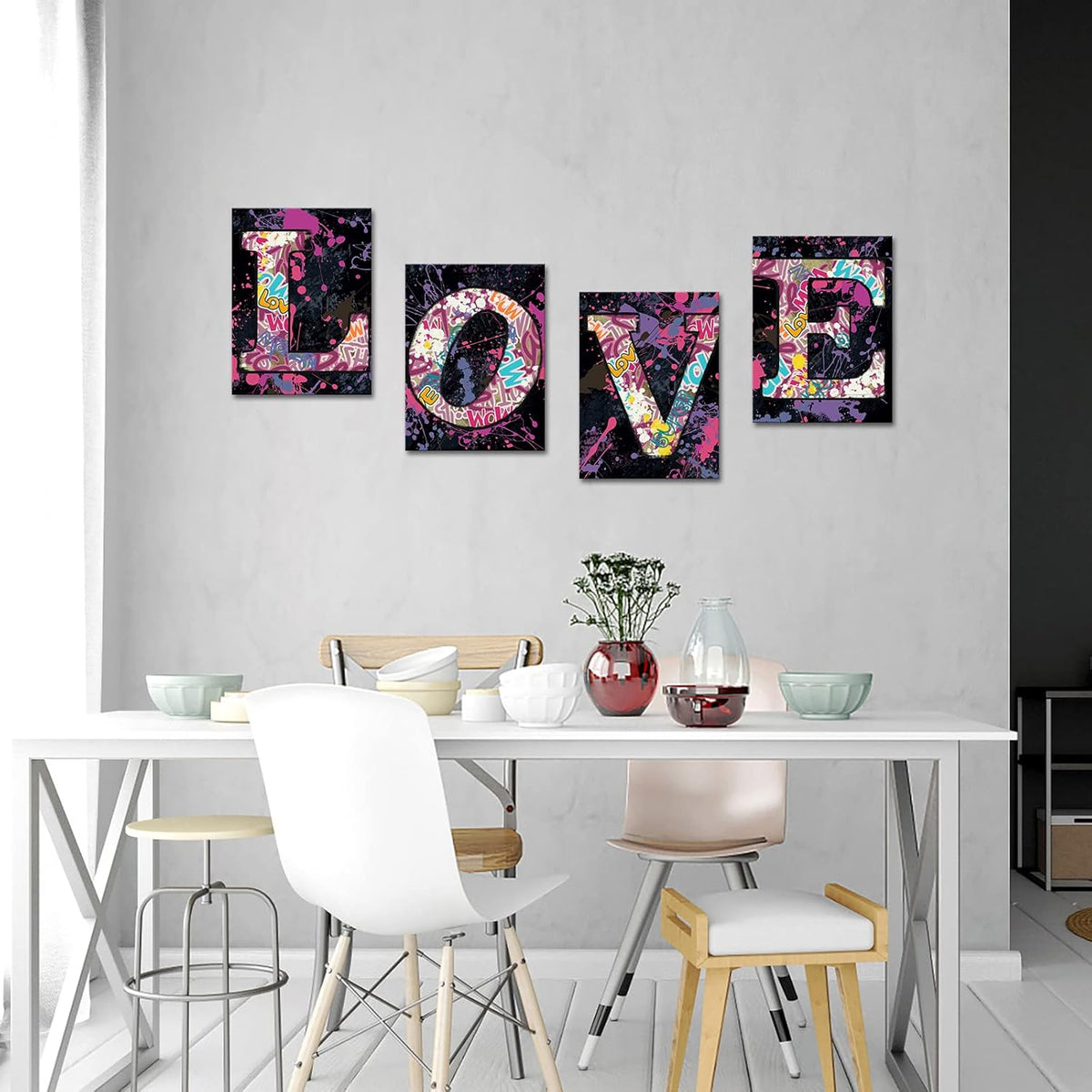 4 Piece Colorful Graffiti Canvas Wall Art Framed K9054