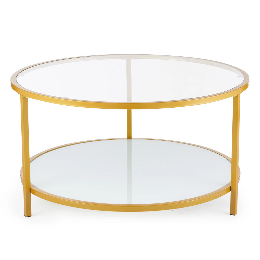Glass Coffee Table with Storage Shelf Metal Frame Gold P4072
