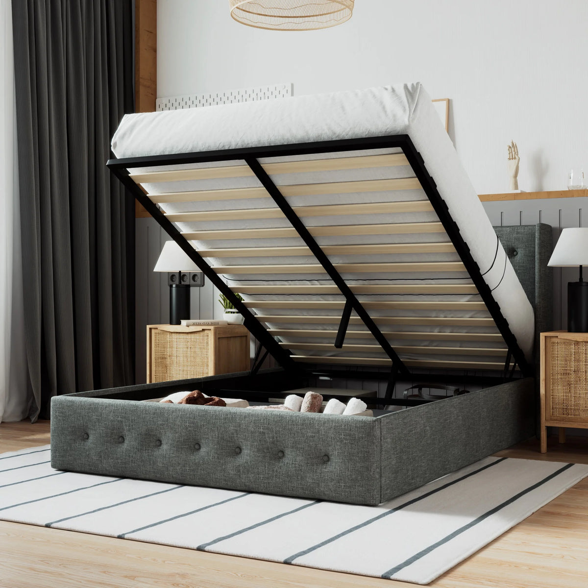 Beige Queen Size Lift Up Platform Bed Frame with Headboard I891821
