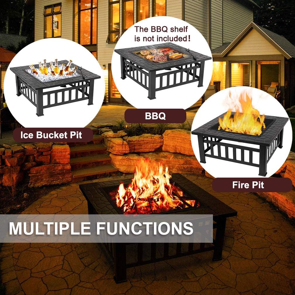 32'' Black Metal Square Wood Burning Fire Pit J25288
