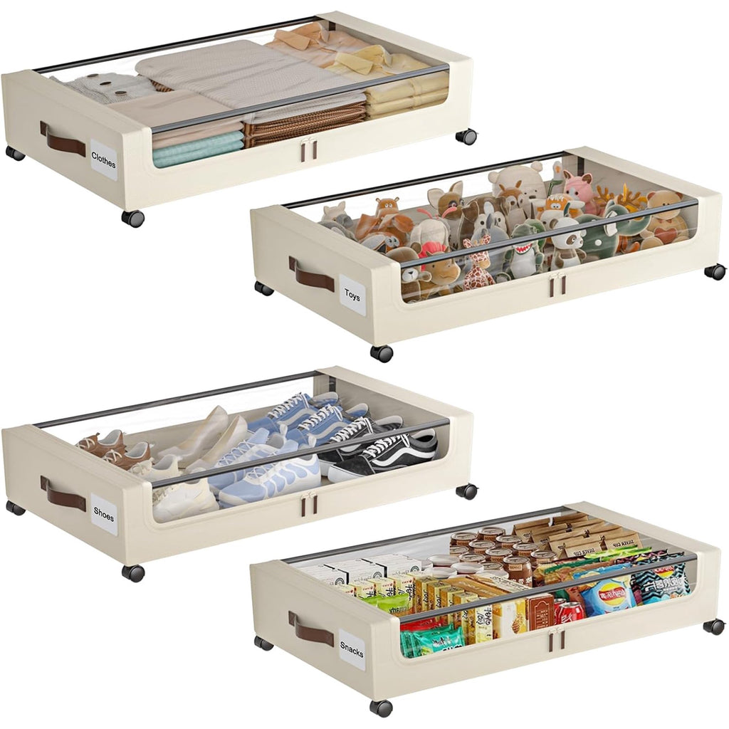White 4 Pack 60L Under Bed Storage Bins with Wheels and Clear Lids A92319