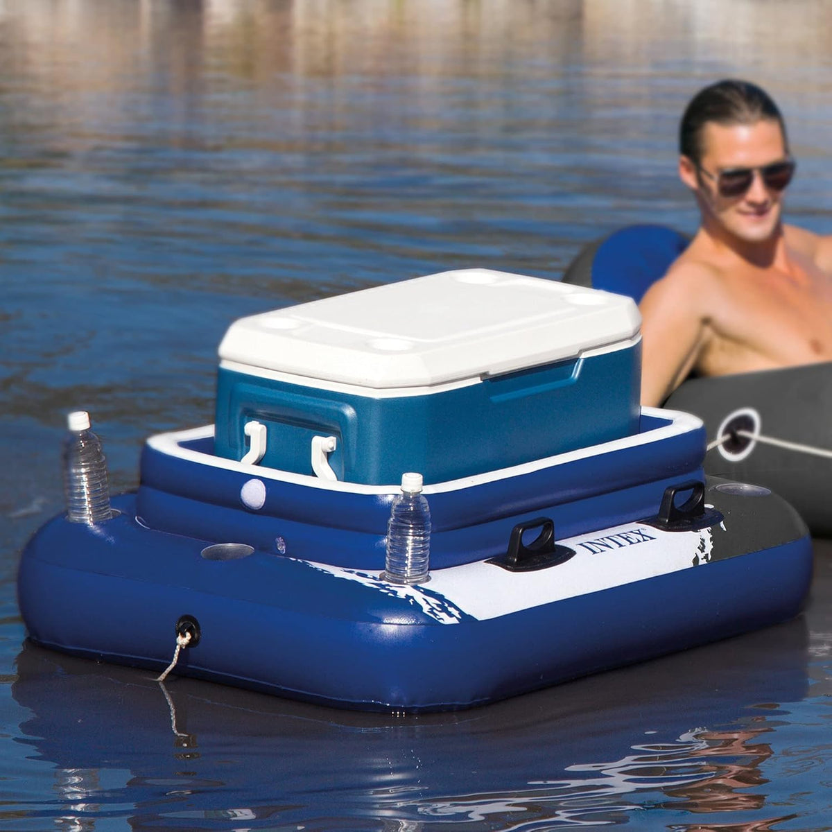 Blue 4 Person Vinyl Pool Raft Lounger with Cup Holders Q376966