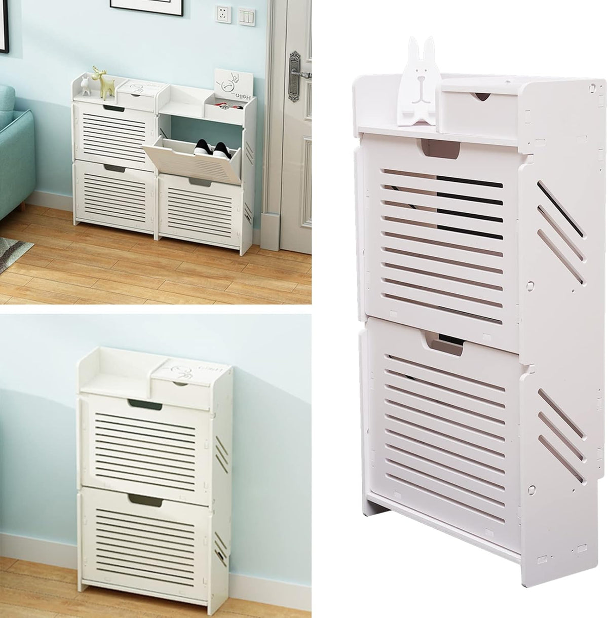 White 2 Tier Narrow Shoe Cabinet K3150