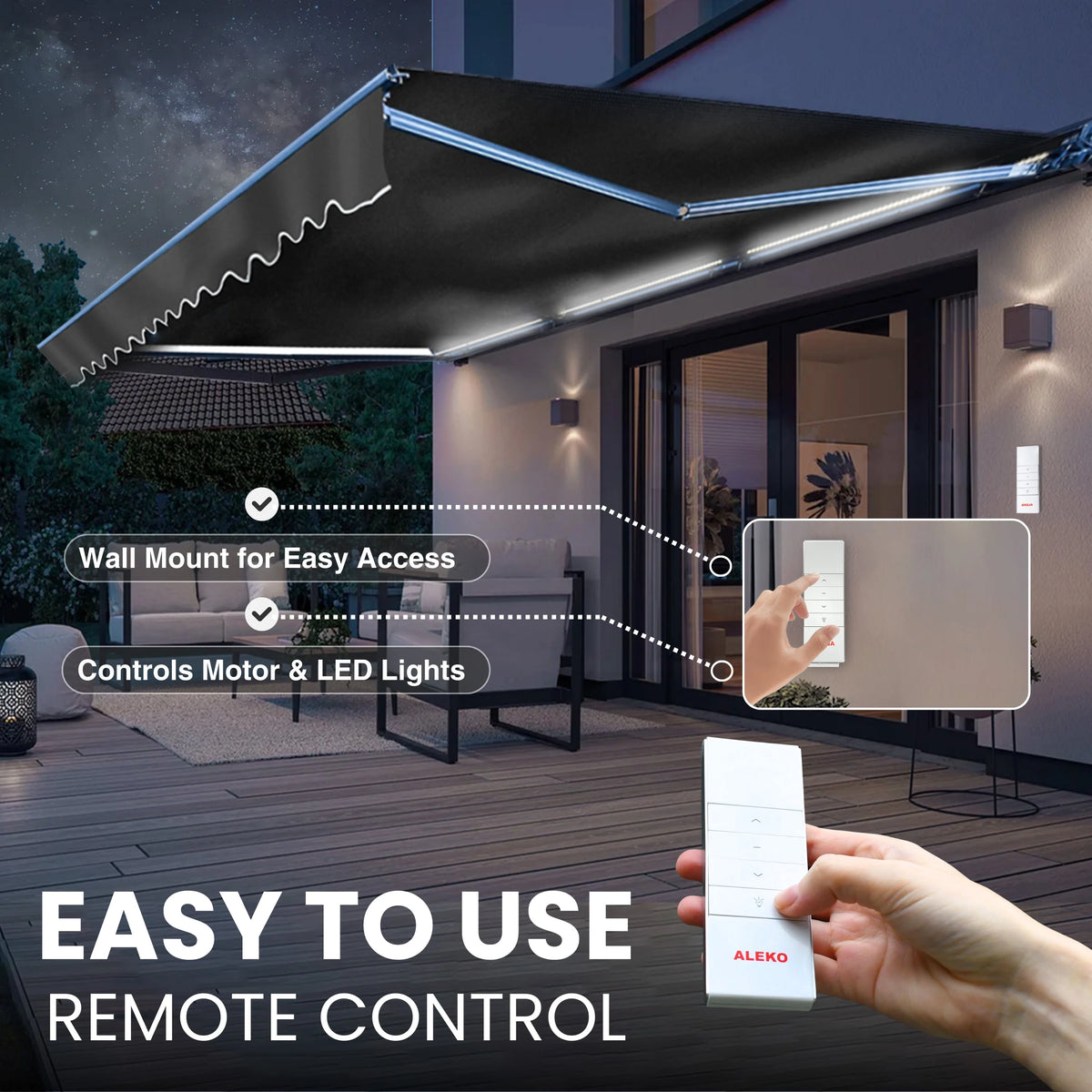 Gray White Striped Motorized Retractable Patio Awning M132592