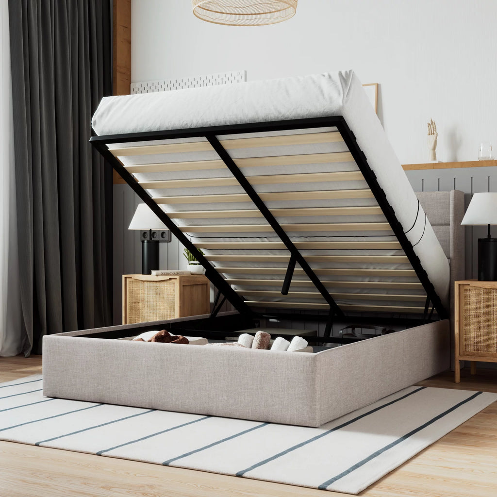Beige Queen Size Lift Up Platform Bed Frame with Headboard I891821