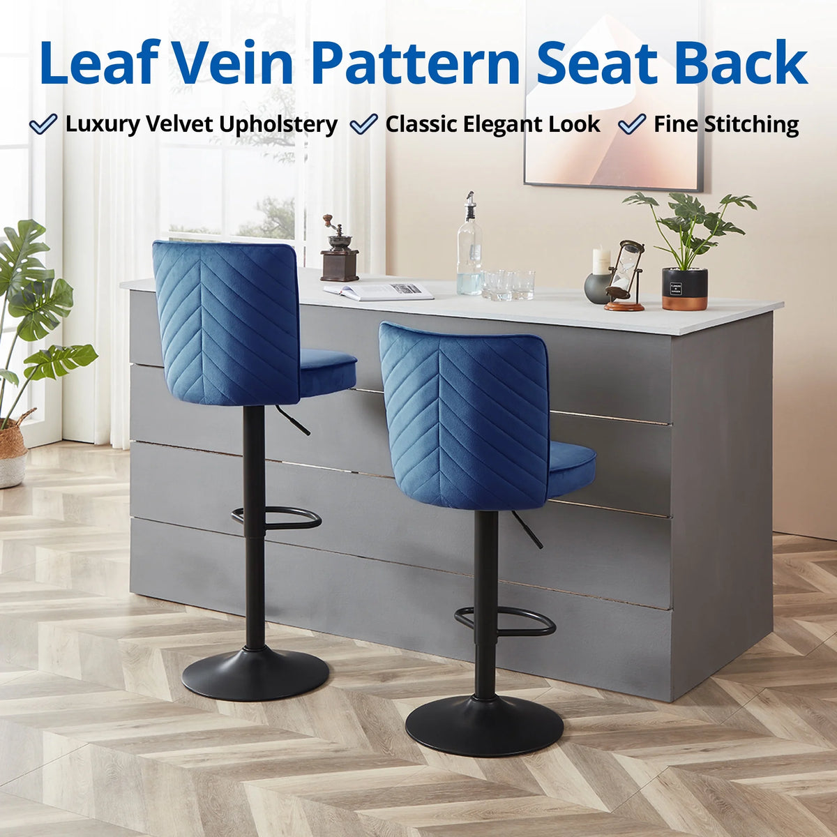 Adjustable Velvet Swivel Bar Stool Set of 2 W431