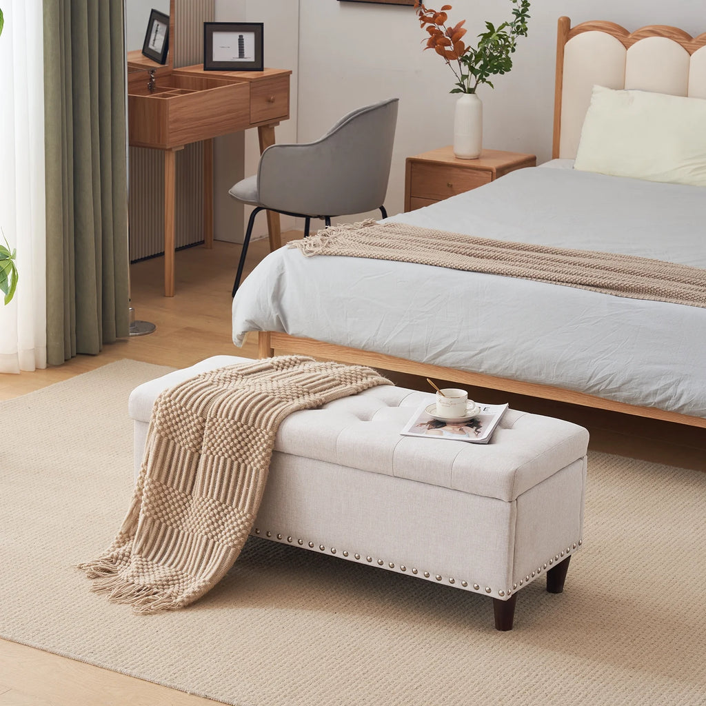 Off-White Linen Upholstered Storage Bench D628252