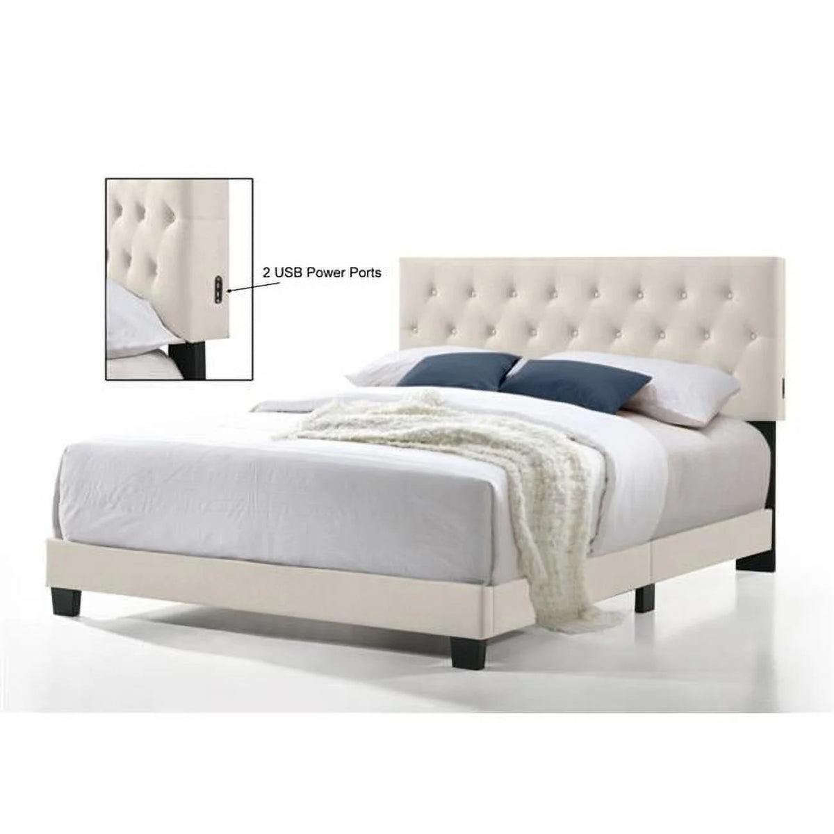 Beige Twin Size Linen Bed with USB Power Connection F27426