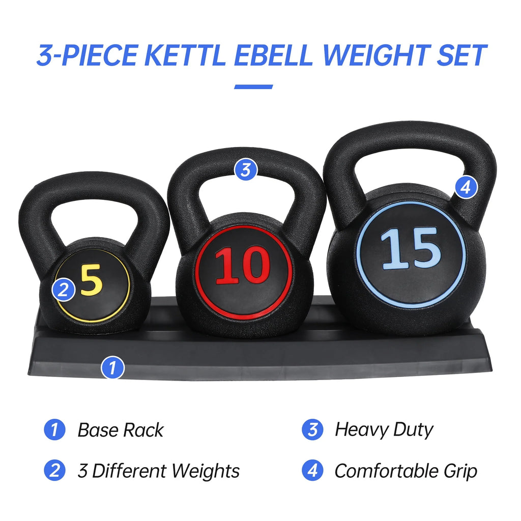 3 Piece 5lb 10lb 15lb Kettlebell Set with Storage Rack F702283