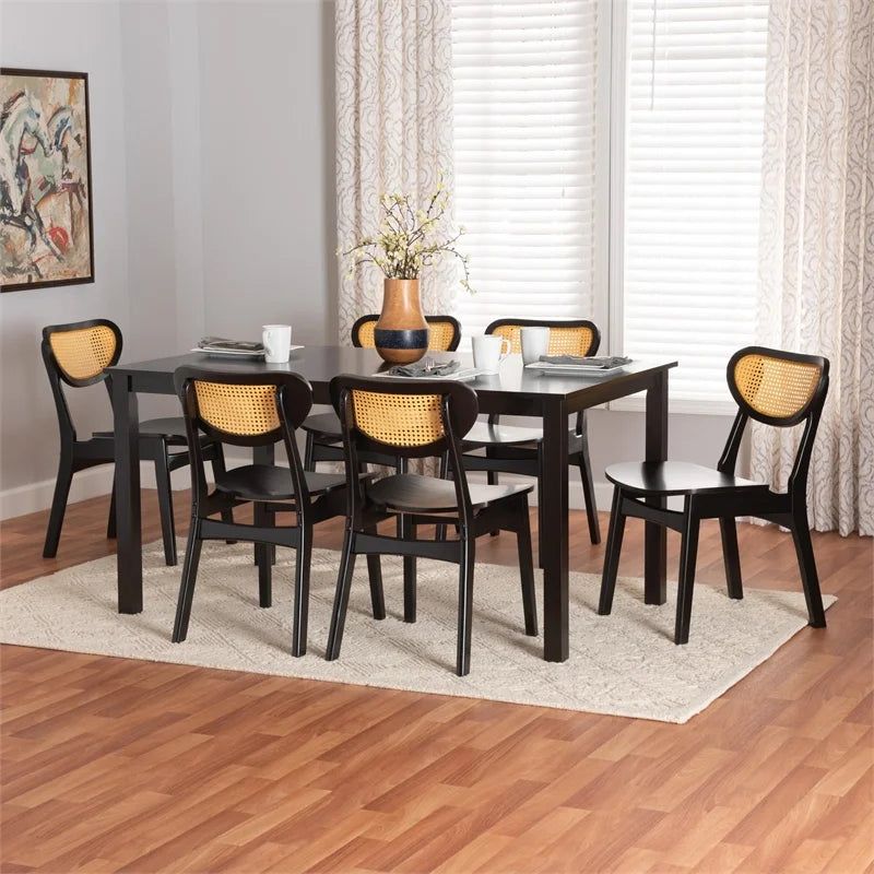 Dark Brown Wood and Woven Rattan 7-Piece Dining Set I155988