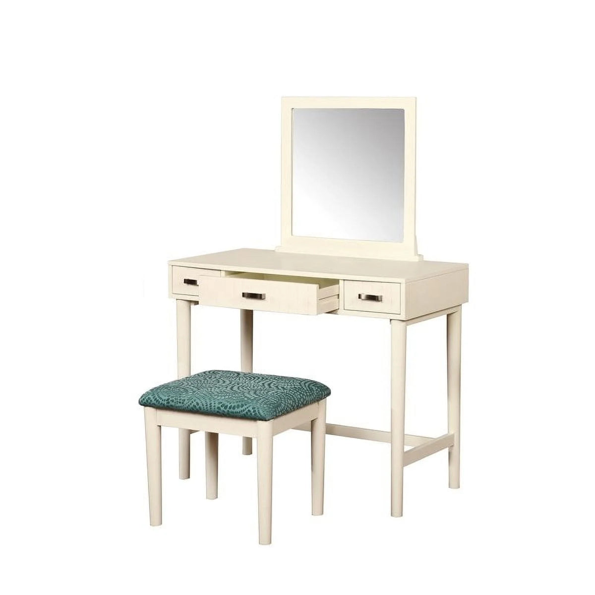 Off-White 3-Drawer Vanity Set with Green Swirl Upholstered Stool N711548