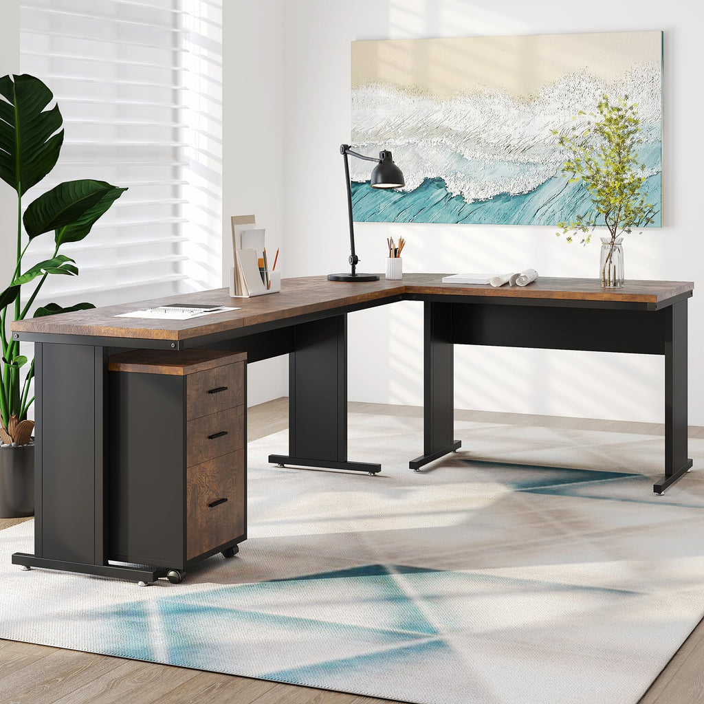83" L-Shaped Executive Desk with 3-Drawer File Cabinet P5448