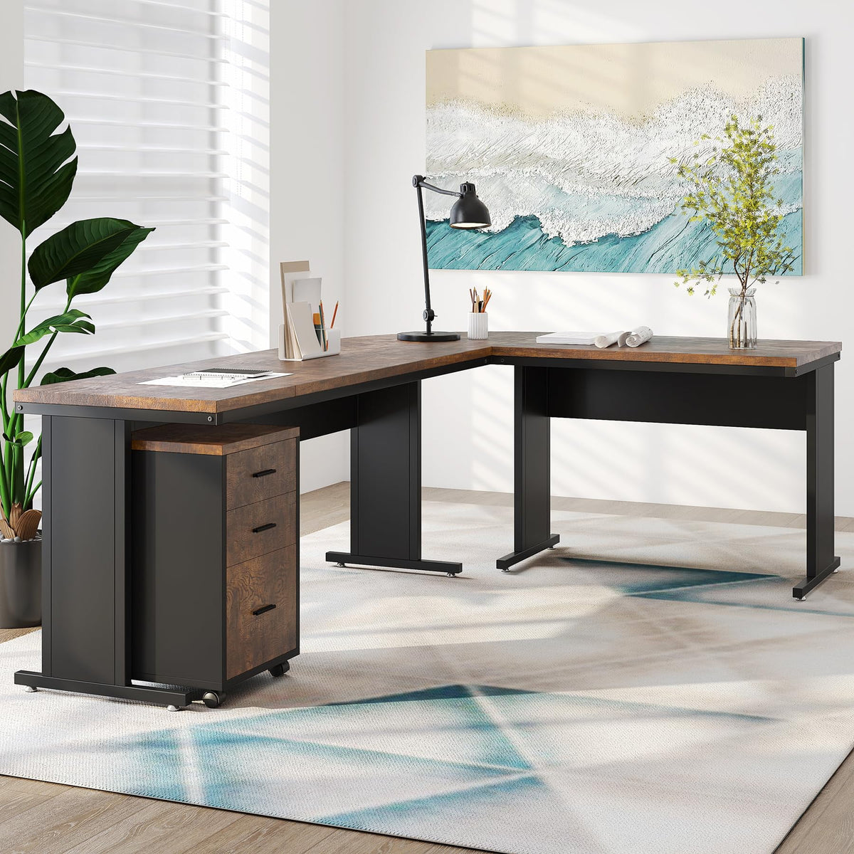 83" L-Shaped Executive Desk with 3-Drawer File Cabinet P5448