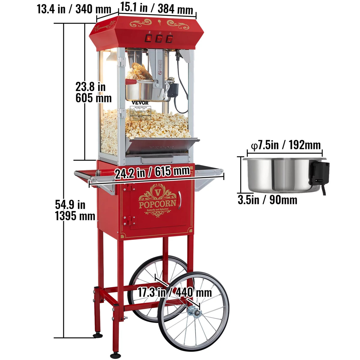 8 oz 48 Cups 850W Red Popcorn Maker Cart E724