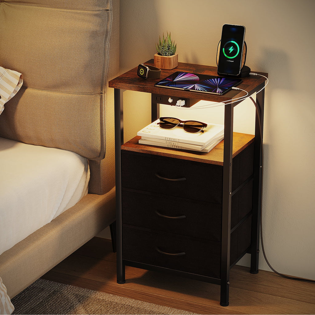 3-Tier Nightstand with Drawers and Charging Station G776