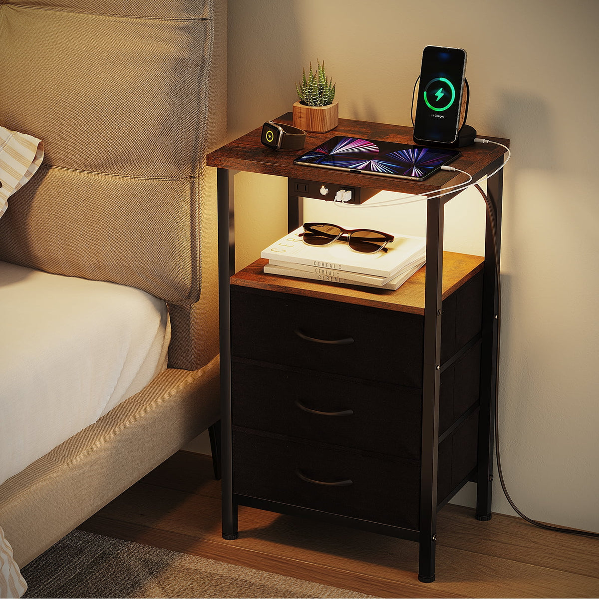 3-Tier Nightstand with Drawers and Charging Station G776