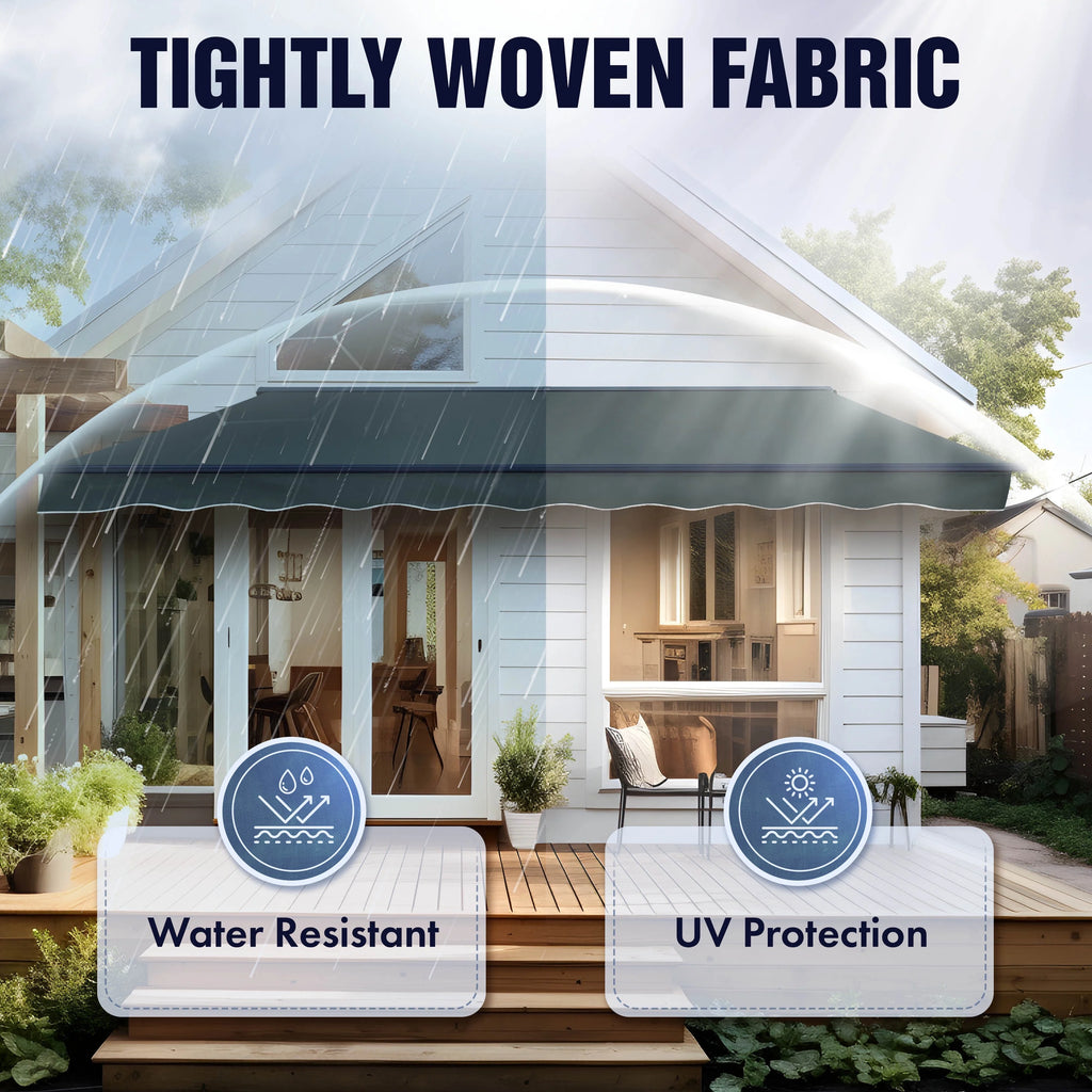 Gray White Striped Motorized Retractable Patio Awning M132592
