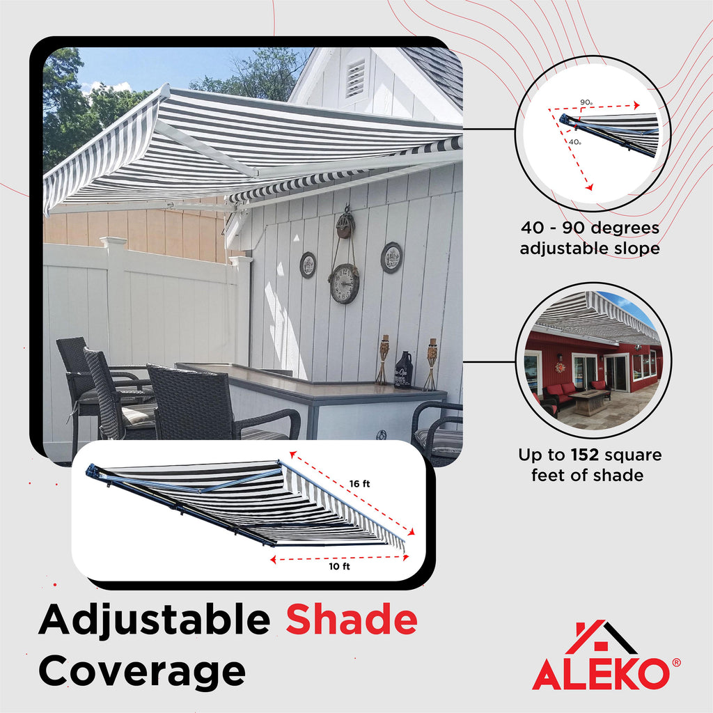 Gray White Striped Motorized Retractable Patio Awning M132592