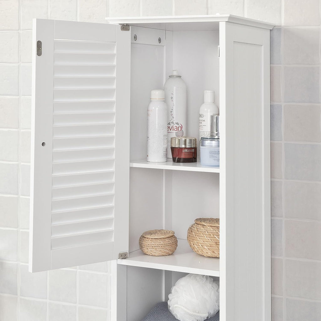 White Floor Standing Tall Bathroom Storage Cabinet with Shelves and Drawers V487323