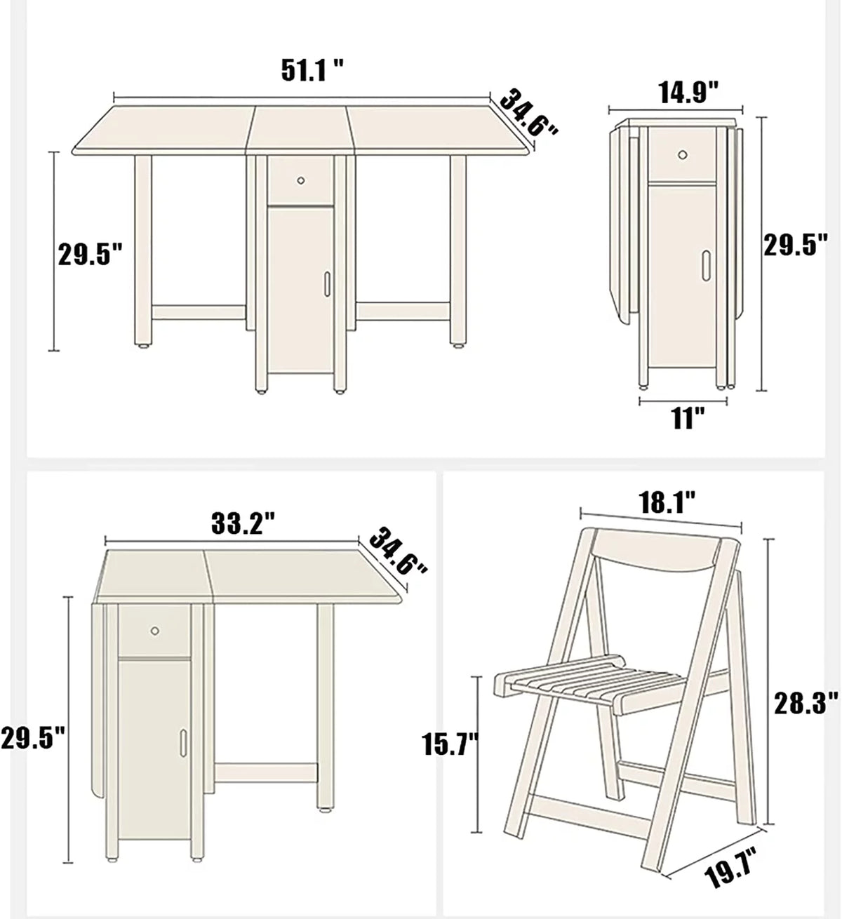Solid Wood Drop Leaf Dining Table Set 5 Pieces H27093