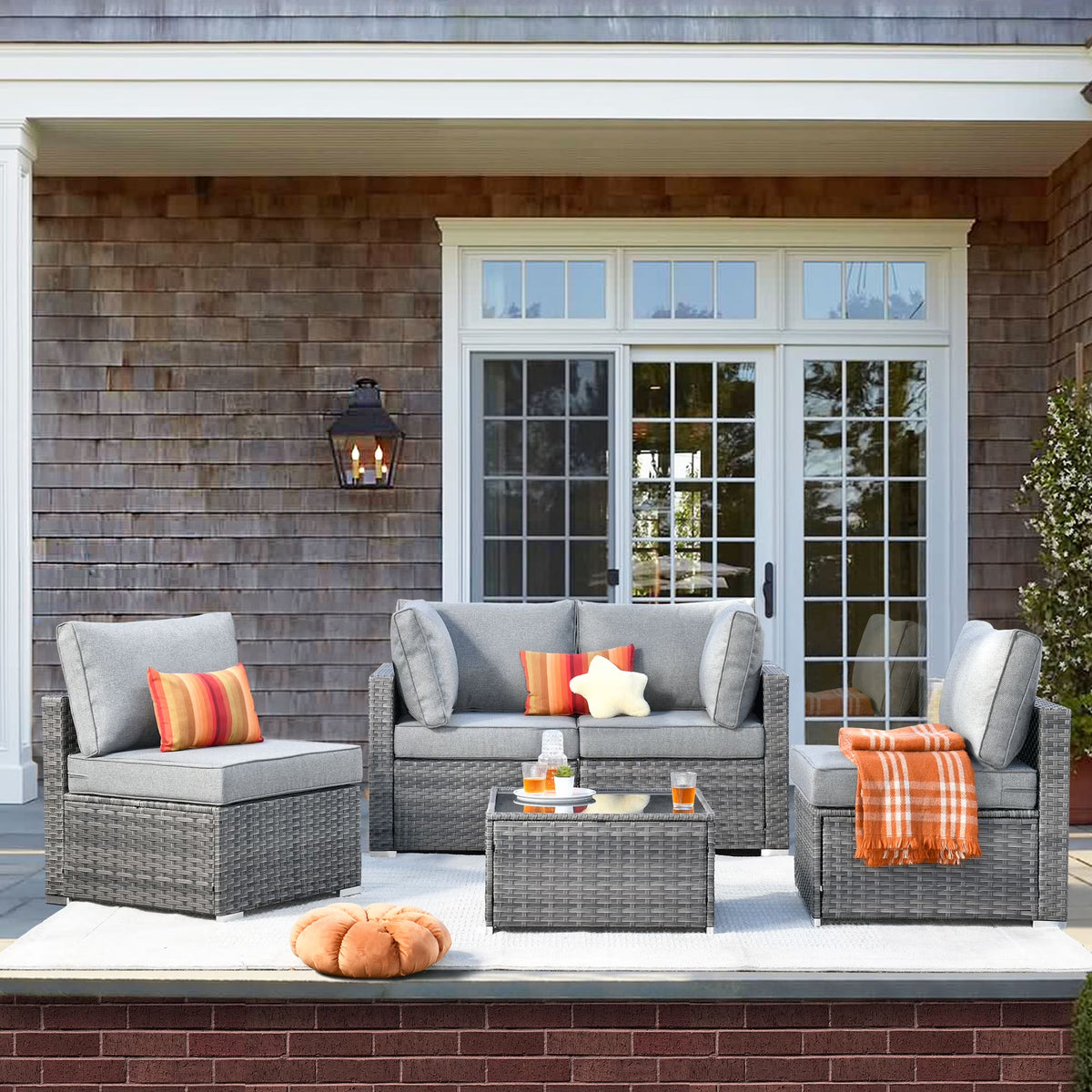 5 Piece Outdoor Patio Furniture Set Wicker Rattan Sectional Couch, Dark Grey X5781