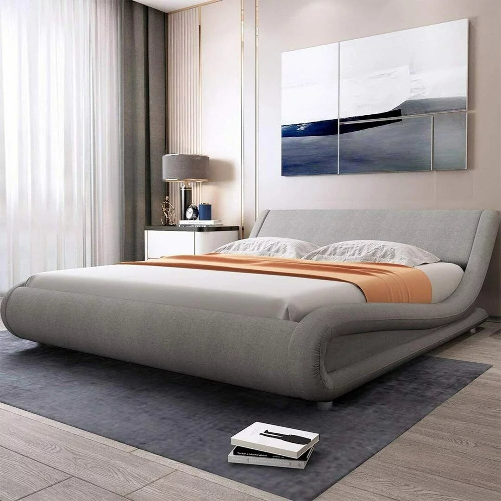 Queen Size Bed Frame with Curved Adjustable Headboard Grey M779835