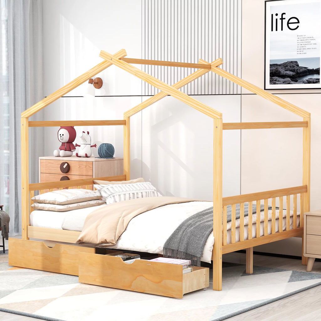 Full Size House Bed with Roof and 2 Drawers Y731