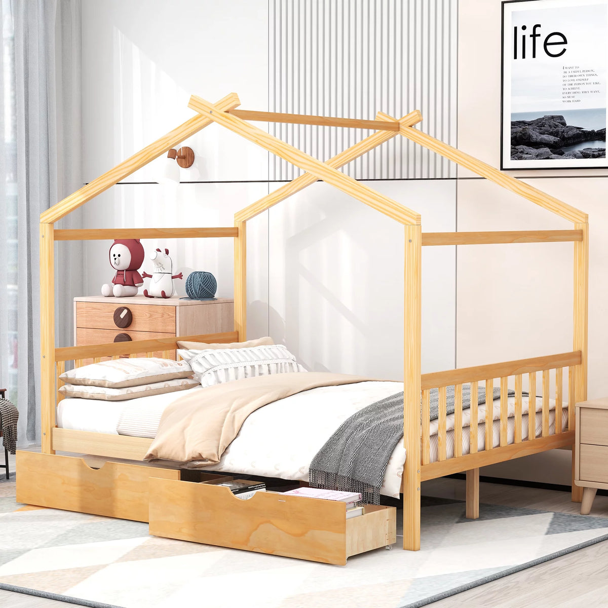 Full Size House Bed with Roof and 2 Drawers Y731