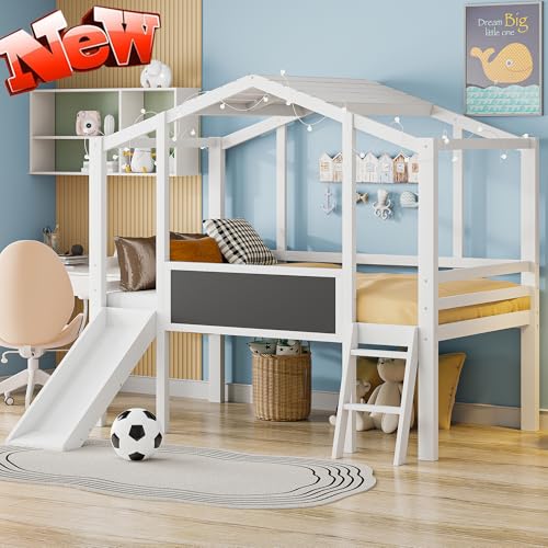 White Twin Low Loft Bed with Slide and Storage Shelves Z2629