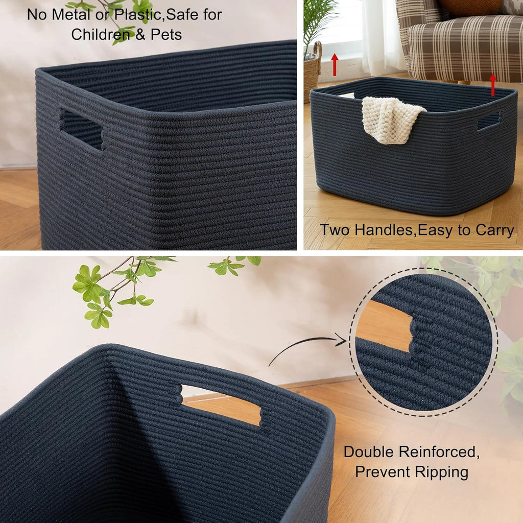 75L Large Woven Cotton Rope Blanket Storage Basket with Handle N80399