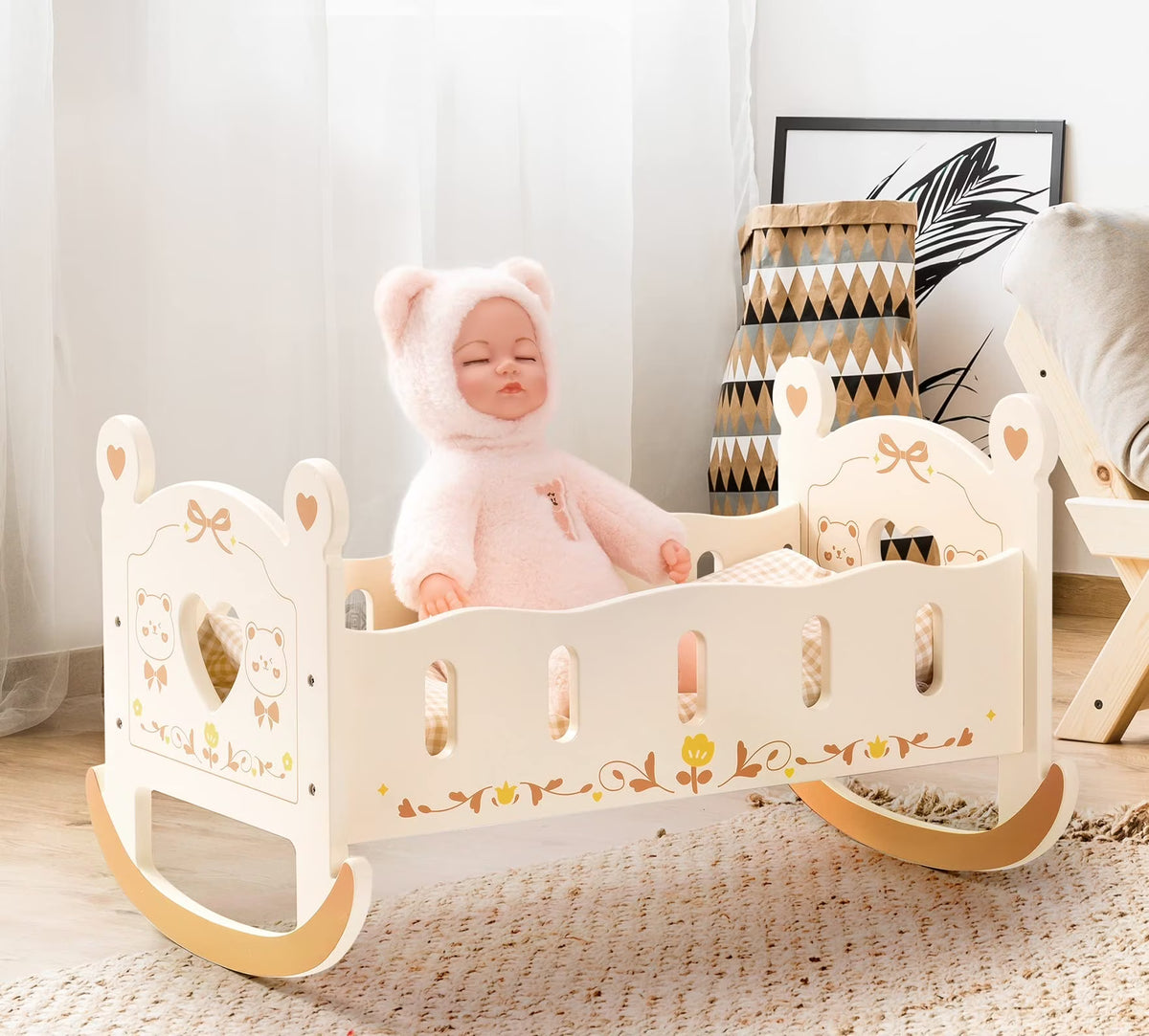 Wooden Doll Cradle with Bedding for 18 Inch Dolls J839
